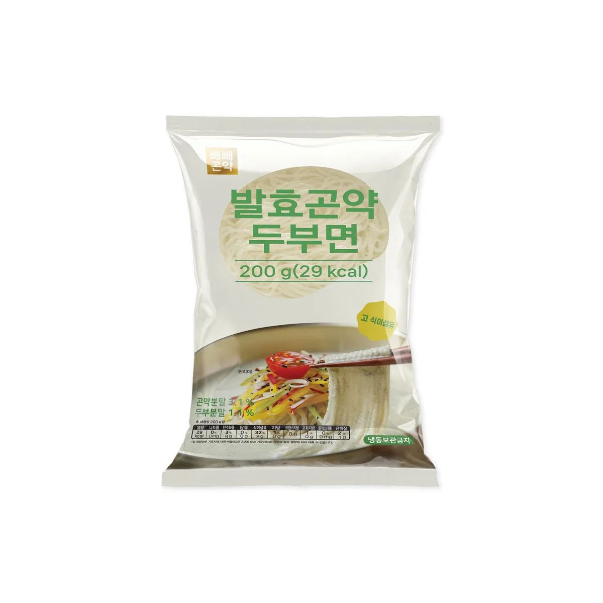 발효곤약 두부면 200g 1봉 정면 — 곤약분말 3.1%·두부분말 1.1% 표기