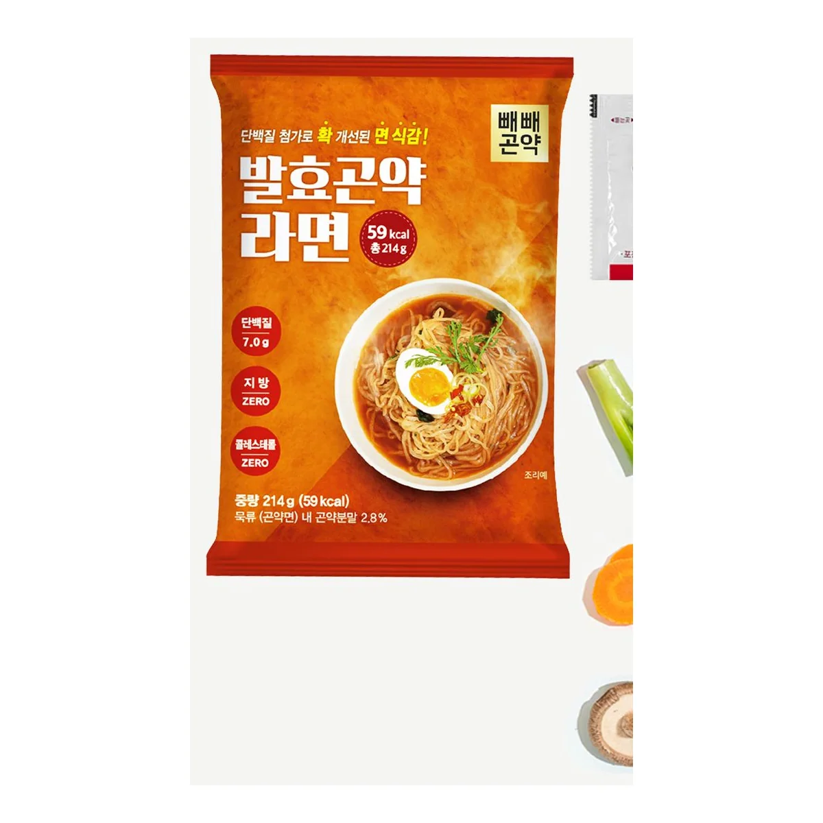빼빼곤약 발효곤약 라면 214g 봉지 정면 — 59kcal·단백질 7g 표기